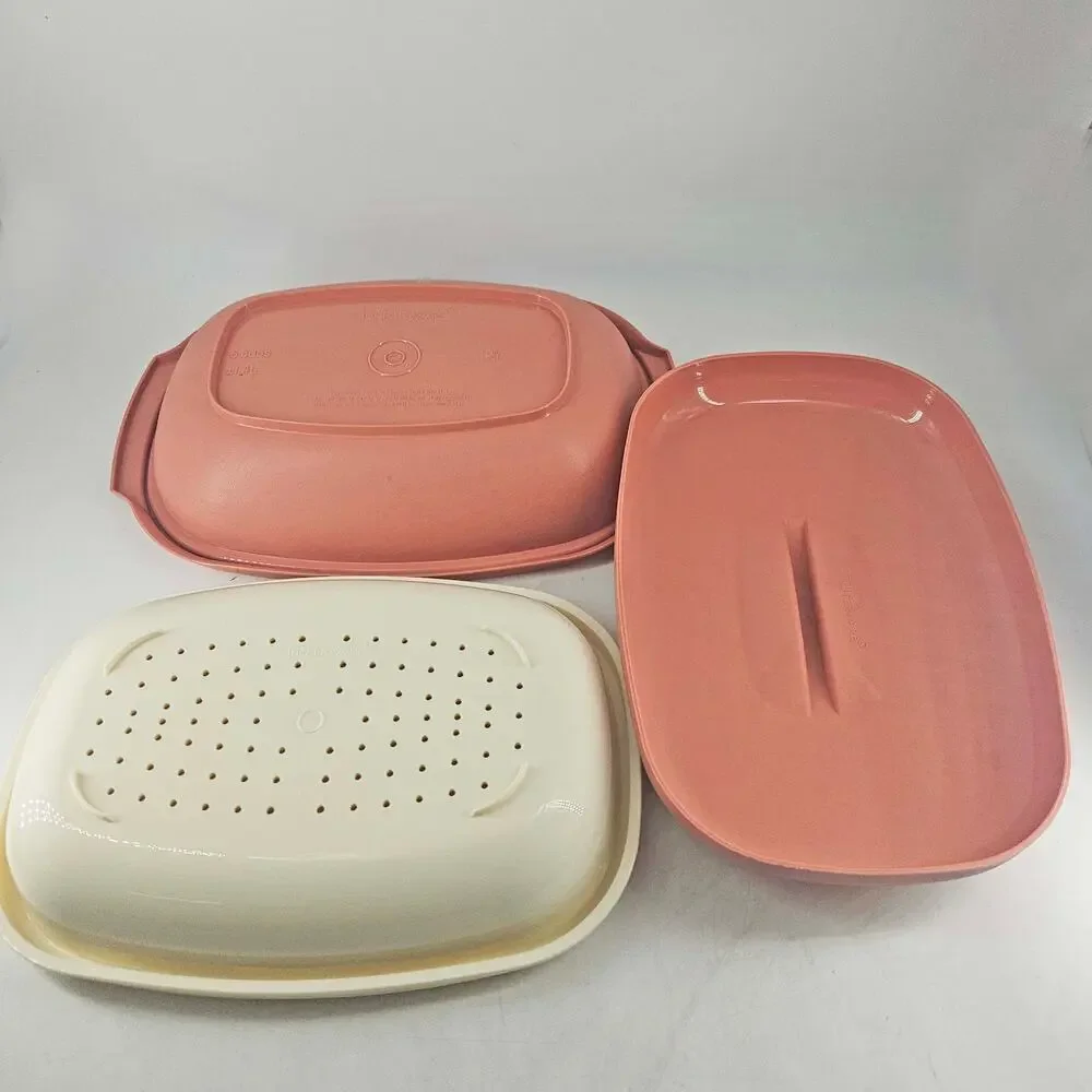 Vintage TUPPERWARE Microwave Food Steamer 6 Cup Dusty Rose Pink 3 Piece